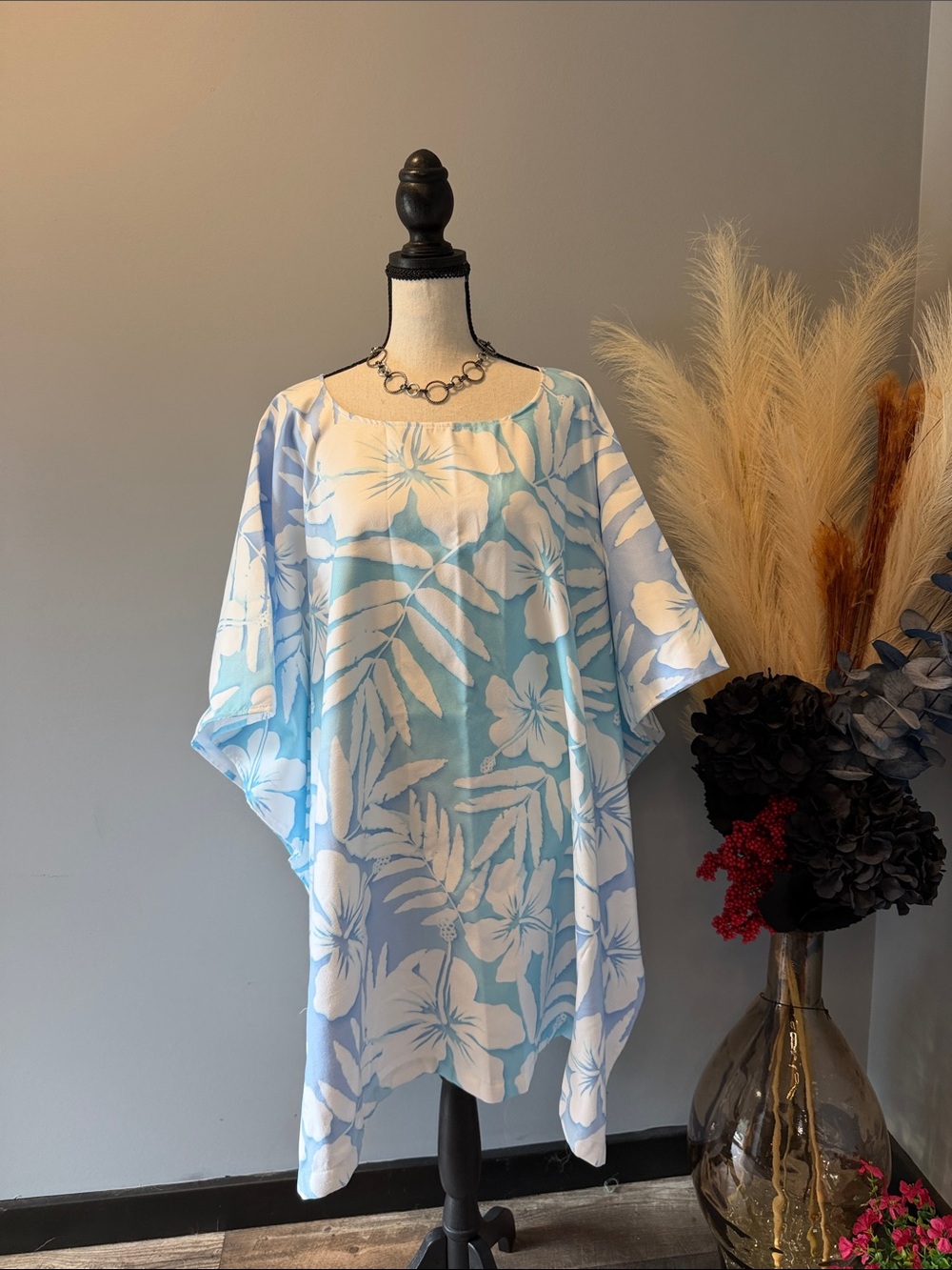 Light Blue & White Floral Women's Swim Coverup
